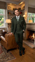Men’s Olive Windowpane Plaid Suit, 2 Button Formal Suit with Double Breasted Vest