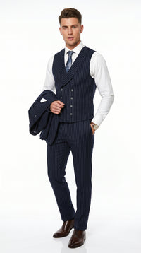 Men’s Navy Gangster Pinstripe Suit with 2 Button Jacket, Double Breasted Vest and Pants