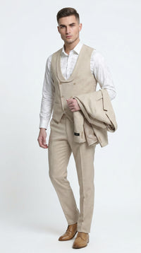Men’s Khaki Sharkskin Wedding Suit with One Button Jacket, Double Breasted Vest and Pants