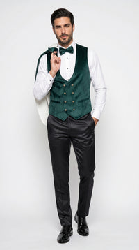 Marco Lorenzo Premium White Paisley 4 Piece Suit with Green Velvet Shawl Lapel and Matching Bow Tie