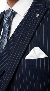 Men’s Navy Gangster Pinstripe Suit with 2 Button Jacket, Double Breasted Vest and Pants