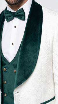 Marco Lorenzo Premium White Paisley 4 Piece Suit with Green Velvet Shawl Lapel and Matching Bow Tie