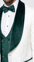 Marco Lorenzo Premium White Paisley 4 Piece Suit with Green Velvet Shawl Lapel and Matching Bow Tie