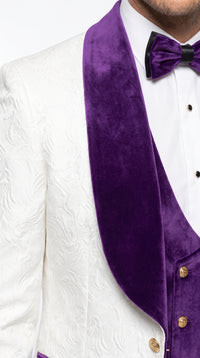 Marco Lorenzo Premium White Paisley 4 Piece Suit with Purple Velvet Shawl Lapel and Matching Bow Tie