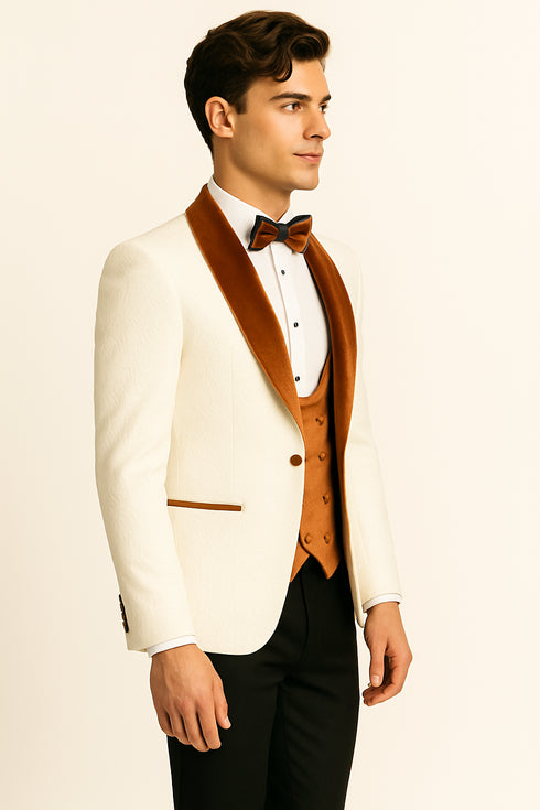 Marco Lorenzo Premium Paisley Burnt Orange Velvet 4pc Suit W/ Matching Bowtie