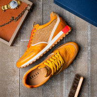 Zelli Matteo Calfskin and Perforated Suede Sneakers in Mustard