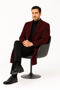 Men Houndstooth Lapel Collar Single Breasted Tweed Overcoat Black and Burgundy