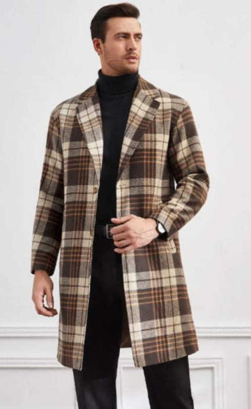 Men Plaid Lapel Neck Slant Pockets Overcoat