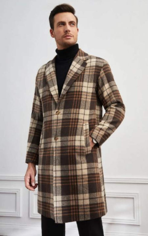 Men Plaid Lapel Neck Slant Pockets Overcoat