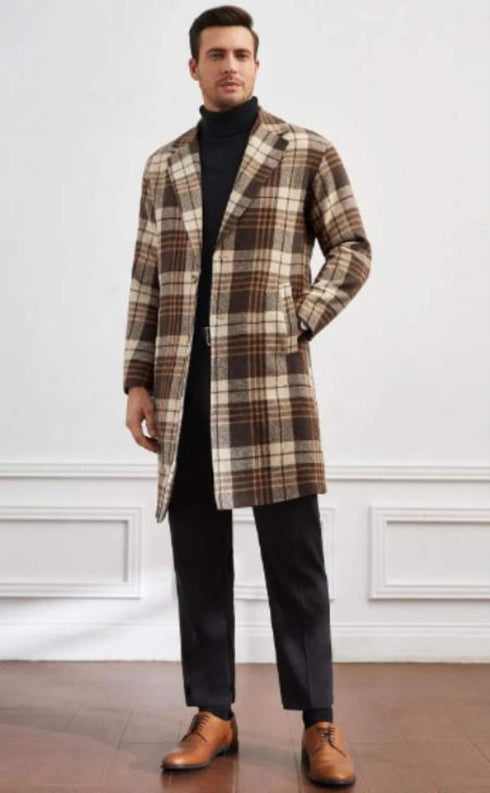 Men Plaid Lapel Neck Slant Pockets Overcoat