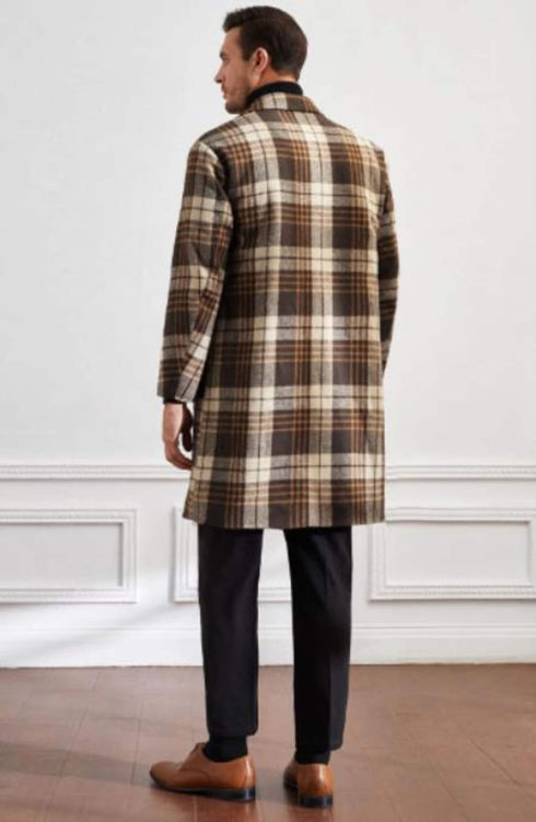 Men Plaid Lapel Neck Slant Pockets Overcoat