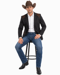 Men’s Black & Brown Western Blazer – Cowboy Sport Coat with Brown Embroidered Shoulder & Back Design