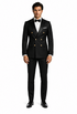 Men’s Black Double-Breasted Tuxedo – Classic Shawl Lapel Suit with Gold Buttons for Weddings, Galas, and Black Tie Events