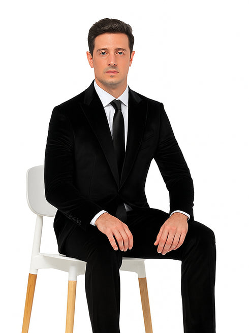 Men’s Black Velvet Peak Lapel Suit – 2-Piece Skinny Fit Luxury Formalwear by Tazzio