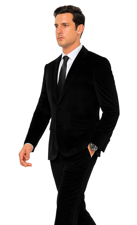 Men’s Black Velvet Peak Lapel Suit – 2-Piece Skinny Fit Luxury Formalwear by Tazzio