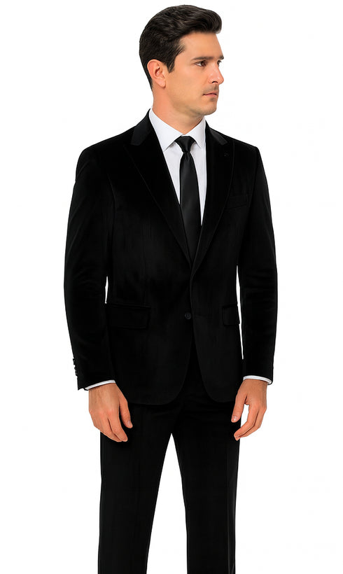 Men’s Black Velvet Peak Lapel Suit – 2-Piece Skinny Fit Luxury Formalwear by Tazzio