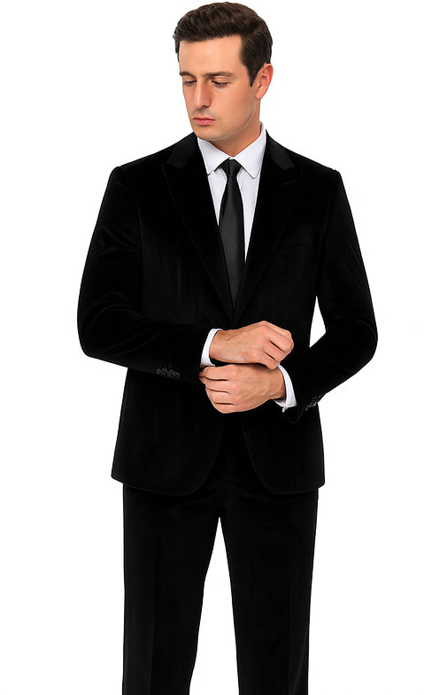 Men’s Black Velvet Peak Lapel Suit – 2-Piece Skinny Fit Luxury Formalwear by Tazzio