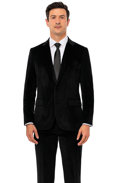 Men’s Black Velvet Peak Lapel Suit – 2-Piece Skinny Fit Luxury Formalwear by Tazzio