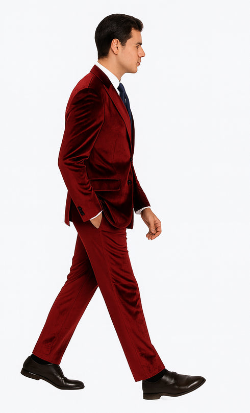 Tazzio Men’s Burgundy Velvet Blazer Suit – 2-Piece Skinny Fit Dress Set