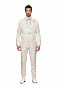 Men’s Champaign Ivory  Jacquard Paisley Tuxedo Suit with Satin Shawl Lapel – Elegant Wedding and Prom Outfit By Rossiman