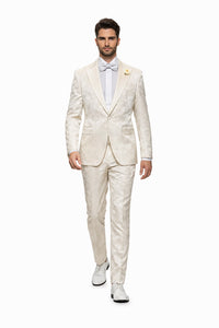 Men’s Champaign Ivory  Jacquard Paisley Tuxedo Suit with Satin Shawl Lapel – Elegant Wedding and Prom Outfit By Rossiman