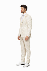 Men’s Champaign Ivory  Jacquard Paisley Tuxedo Suit with Satin Shawl Lapel – Elegant Wedding and Prom Outfit By Rossiman
