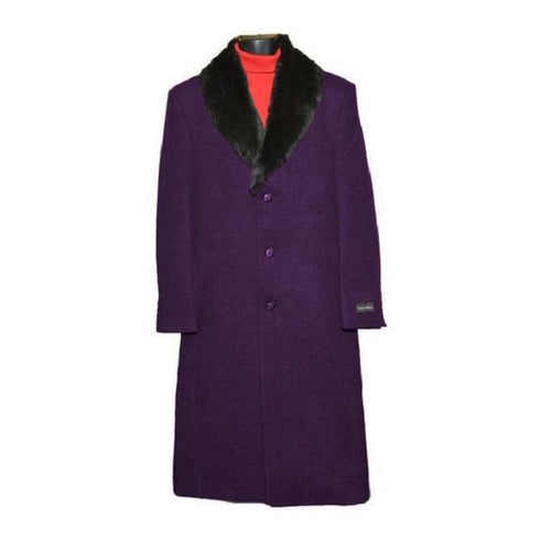 Men's Dress Coat Fur Collar Dark Purple 3 Button Wool Overcoat ~ Long Men's Dress Topcoat - Winter Coat 65% Wool