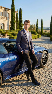 Men’s Navy Blue Plum Burgundy and Gold Jacquard Blazer – Elegant Two Button Formal Dinner Jacket Sport Coat Paisley Floral