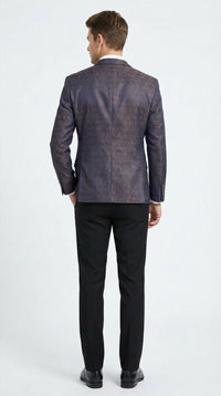 Men’s Navy Blue Plum Burgundy and Gold Jacquard Blazer – Elegant Two Button Formal Dinner Jacket Sport Coat Paisley Floral