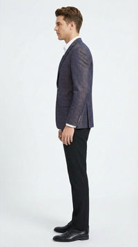 Men’s Navy Blue Plum Burgundy and Gold Jacquard Blazer – Elegant Two Button Formal Dinner Jacket Sport Coat Paisley Floral