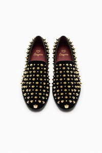Men’s Studded Velvet Loafers – Designer Party and Prom Dress Shoes with Gold and Silver Spikes