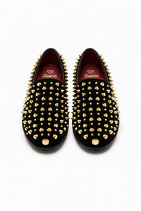 Men’s Studded Velvet Loafers – Designer Party and Prom Dress Shoes with Gold and Silver Spikes