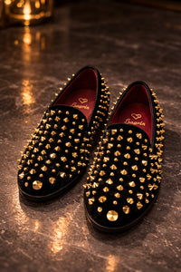 Men’s Studded Velvet Loafers – Designer Party and Prom Dress Shoes with Gold and Silver Spikes