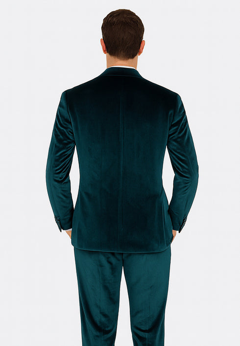 Tazzio Men’s Teal Velvet Suit – Skinny Fit 2-Piece Peak Lapel Formal Set