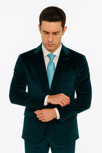 Tazzio Men’s Teal Velvet Suit – Skinny Fit 2-Piece Peak Lapel Formal Set