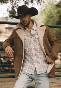 Mens Western Cowboy Long Coat – Brown Faux Suede Frontier Style Jacket