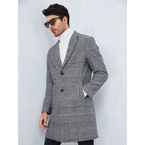 Men's Black and White Houndstooth Pattern Lapel Neck Overcoat