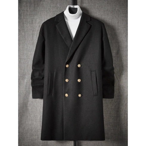 Men's Black Lapel Collar Double Breasted Overcoat