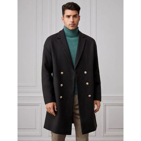 Men's Black Lapel Collar Double Breasted Overcoat