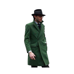 Men's Dress Coat Double Breasted Long Overcoat Olive Green