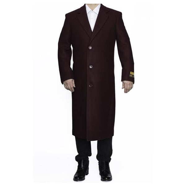 Men's Dress Coat Full Length Wool Dress Top Coat / Overcoat in Burgundy ~ Wine ~ Maroon Color