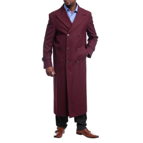 Men's Full Length Overcoat Burgundy Wool Double Breasted Trench Coat