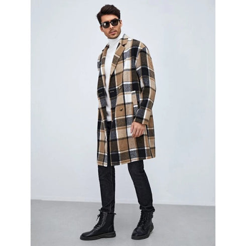 Men's Khaki Plaid Lapel Neck Double Breasted Overcoat