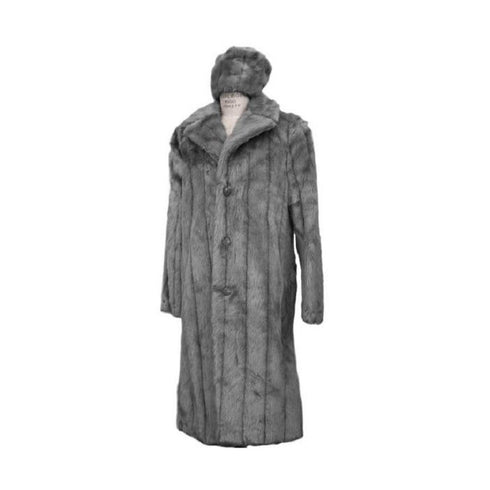 Mens Long Length Faux Fur Coat Matching Hat Grey