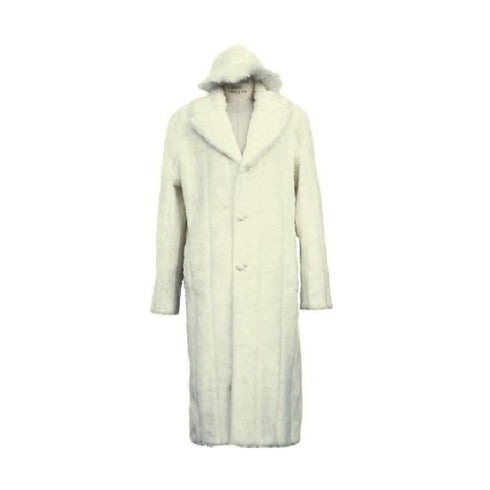 Mens Long Length Faux Fur Coat Matching Hat Off White