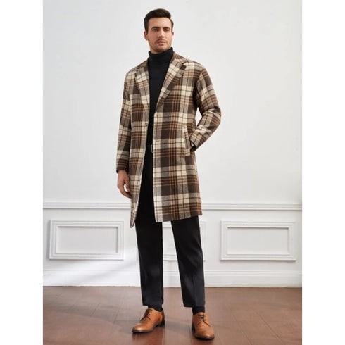 Men's Multicolor Plaid Lapel Neck Slant Pockets Overcoat