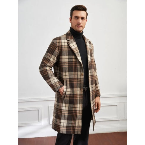 Men's Multicolor Plaid Lapel Neck Slant Pockets Overcoat