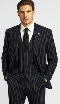 Mens 2 Button Gangster Pinstripe Pattern  Suit in Black