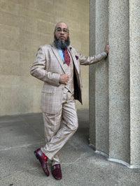 Marc Darcy Wedding Suits Mens 2 Button Vested Peak Lapel Plaid Windowpane Suit in Camel