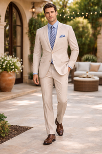 Men's 2PC Summer Seersucker Modern Fit Suit in Tan Pinstripe
